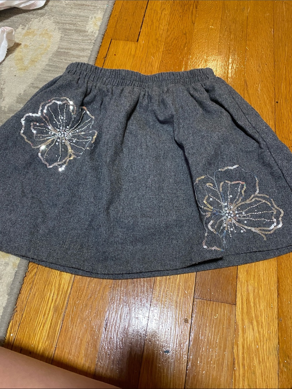 Zara Gray Circle Skater Skirt with Sequin Floral Accents